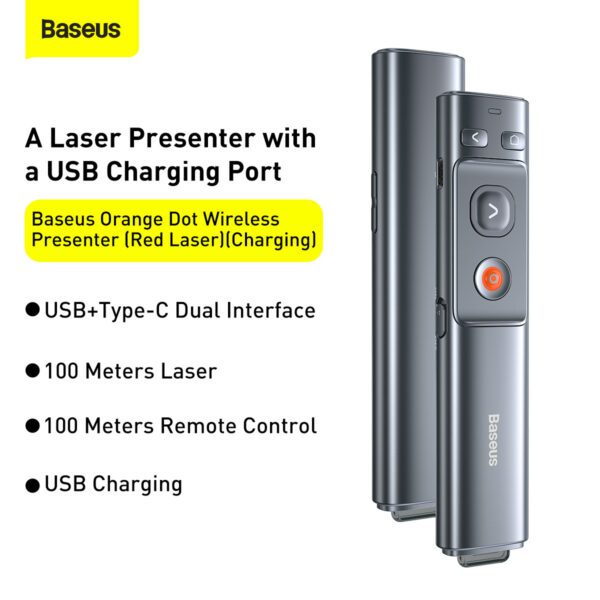 Baseus Orange Dot Wireless Presenter (Red Laser)(Charging) – Grey - Image 4